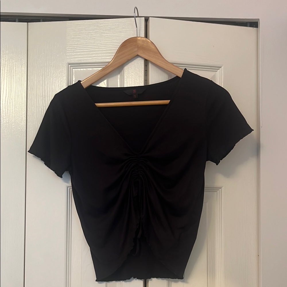 Black Ruched V-Neck Top